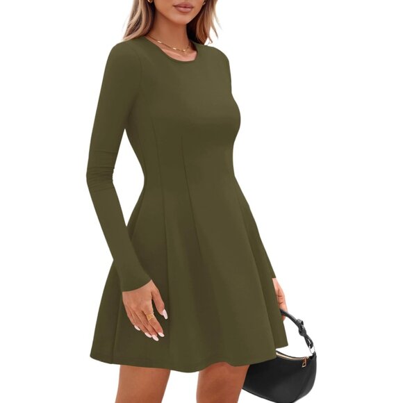 Long Sleeve Army Green Mini Dress Women Fall 2025 Crewneck Line Babydoll Casual - Picture 4 of 8